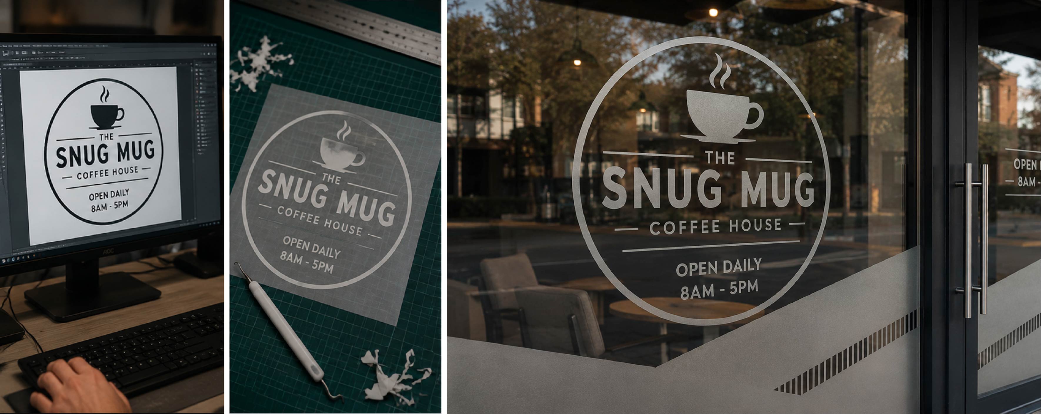 Window decals and opening hours vinyl graphics